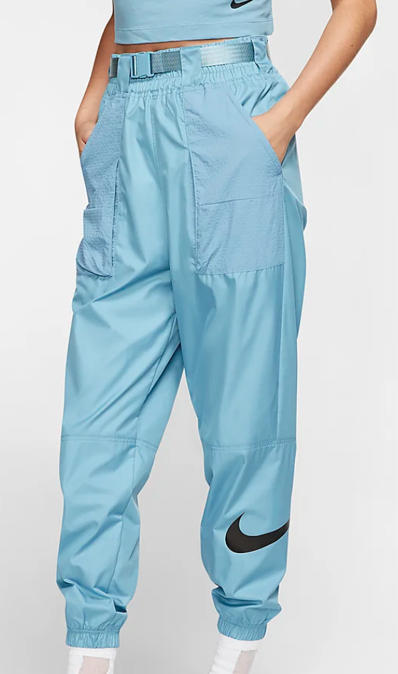 Nike Women’s Sportswear Woven Swoosh Trousers in Cerulean and Black