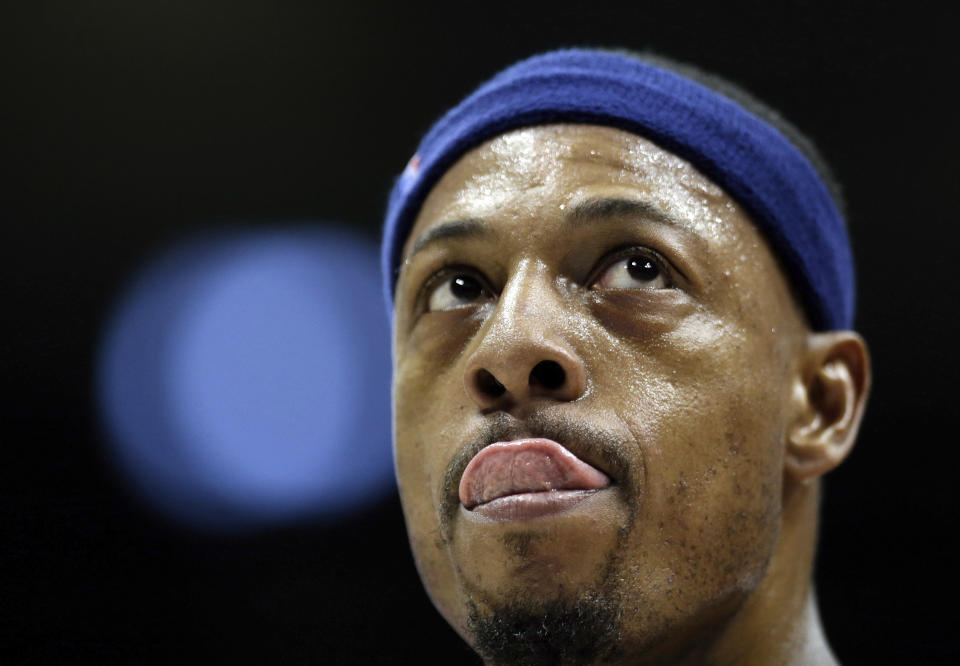 FILE - Washington Wizards' Paul Pierce looks toward the scoreboard in the third quarter of an NBA basketball game against the Atlanta Hawks, Sunday, Jan. 11, 2015, in Atlanta. Pierce is among those announced Sunday, May 16, 2021 as the 2021 class for the Naismith Memorial Basketball Hall of Fame. (AP Photo/David Goldman, file)