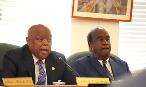  State Board of Education President Clarence Crawford, left, at a joint meeting with the Blueprint for Maryland’s Future Accountability and Implementation Board, which is chaired by Isiah “Ike” Leggett, right. Photo by William J. Ford.