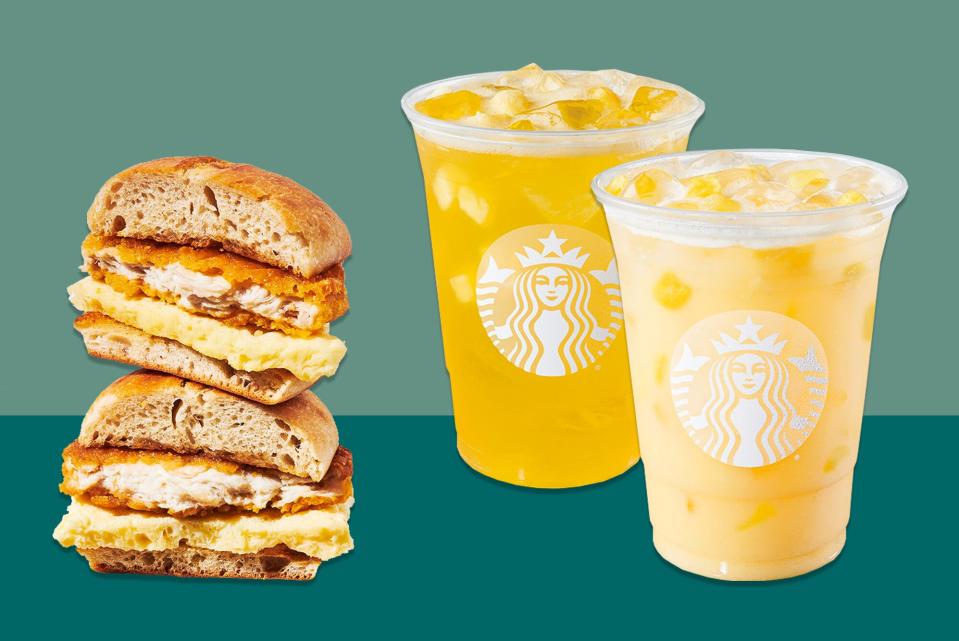 Starbucks Chicken, Maple Butter and Egg Sandwich, Paradise Drink and Pineapple Passionfruit Starbucks Refreshers