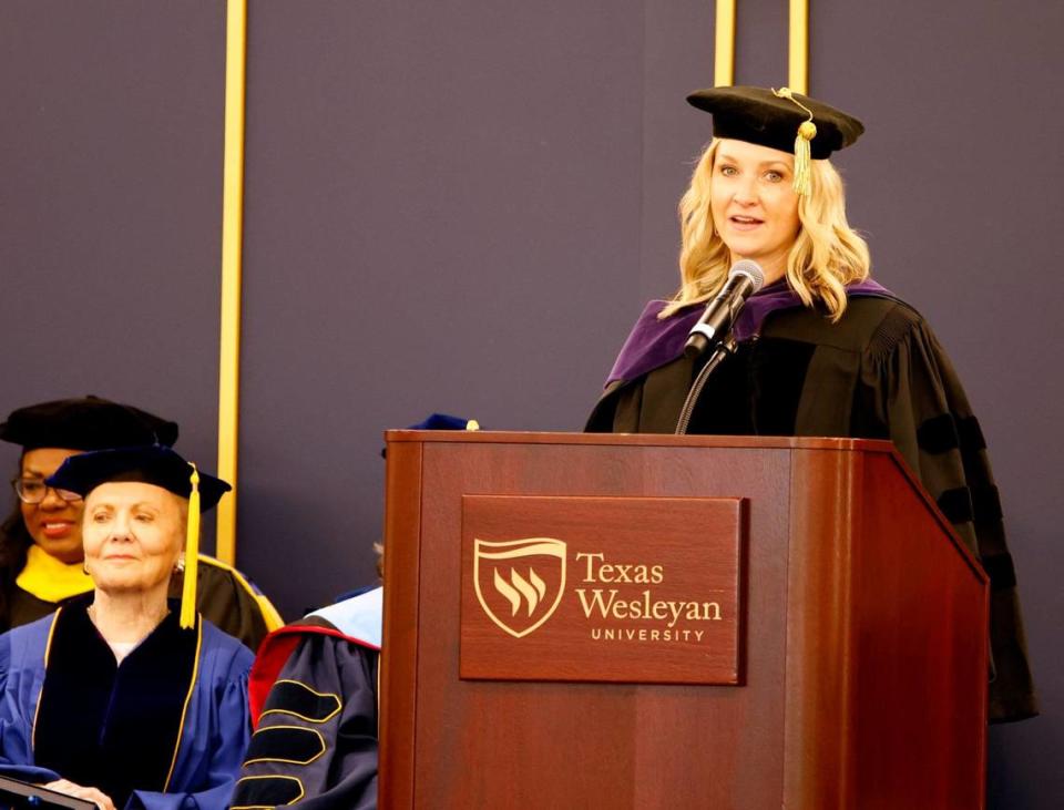 Fort Worth Mayor Mattie Parker addresses the audience on Friday during the inauguration of Emily W. Messer, the 21st and first female president in Texas Wesleyan history.