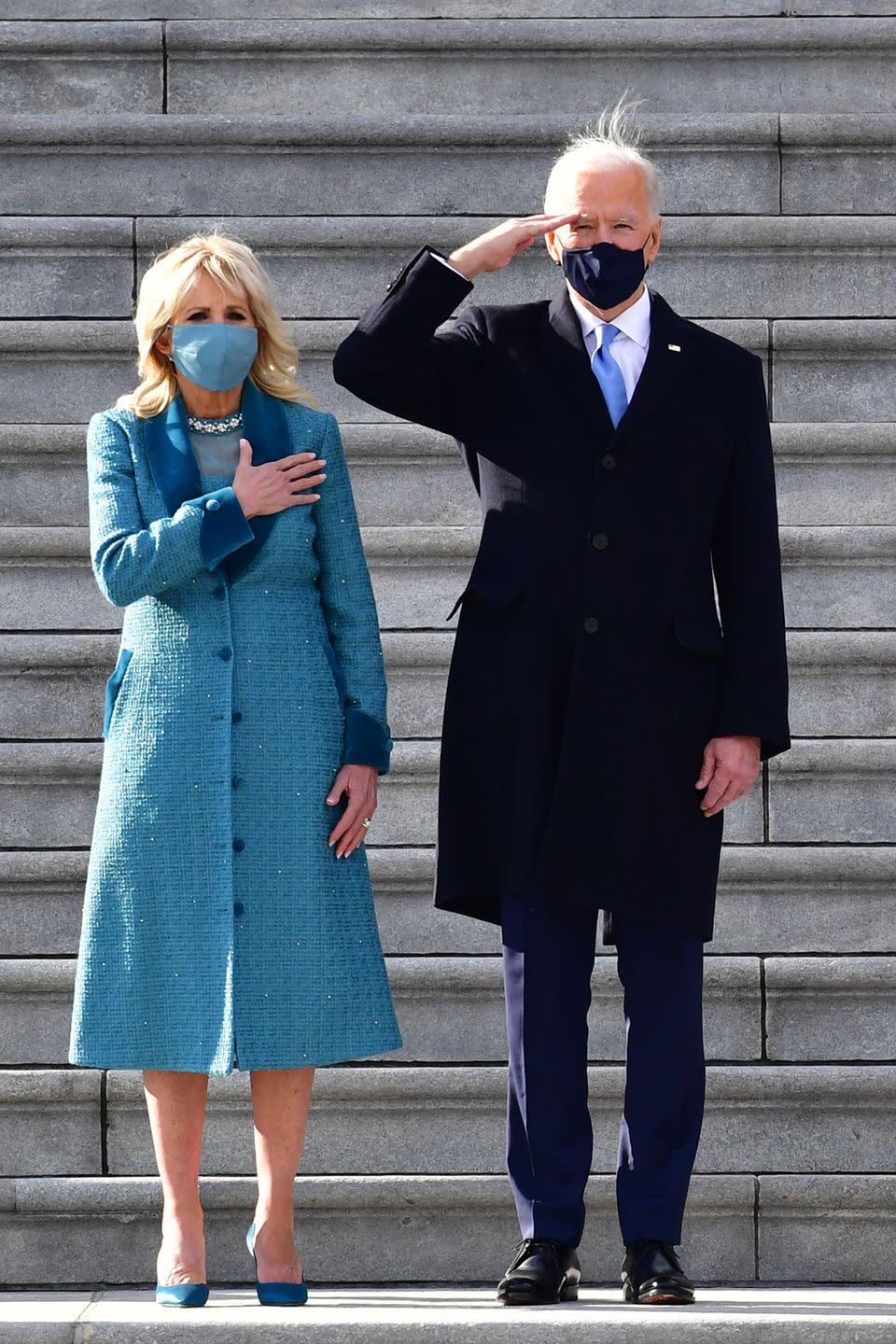 <p>Jill Biden wore a blue Markarian ensemble for the inauguration itself, while America's new president wore Ralph Lauren. </p>
