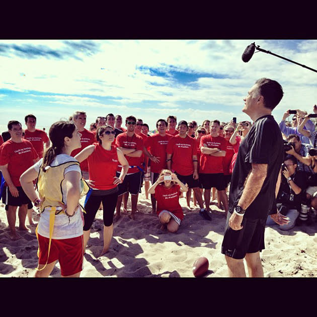 Mitt Romney at a Romney staff vs press football game w @ashleyrparker (Delray Beach FL) - <a href="https://twitter.com/hollybdc" rel="nofollow noopener" target="_blank" data-ylk="slk:@hollybdc;elm:context_link;itc:0;sec:content-canvas" class="link ">@hollybdc</a>, via Twitter