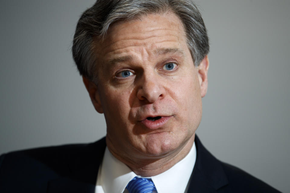 FBI Director Christopher Wray speaks during an interview with The Associated Press, Monday, Dec. 9, 2019, in Washington. Wray says the problems found by the Justice Department watchdog examining the origins of the Russia probe are “unacceptable." (AP Photo/Jacquelyn Martin)
