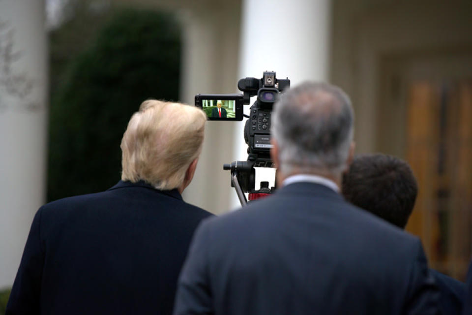 This image released in the final report by the House select committee investigating the Jan. 6 attack on the U.S. Capitol, on Thursday, Dec. 22, 2022, shows President Donald Trump looking at a recording of a video statement he filmed on the afternoon of Jan. 6, 2021, from the Rose Garden of the White House in Washington. (House Select Committee via AP)