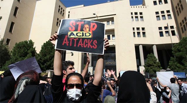 Hundreds gather to protest against the growing number of acid attacks in Iran. Photo: Getty