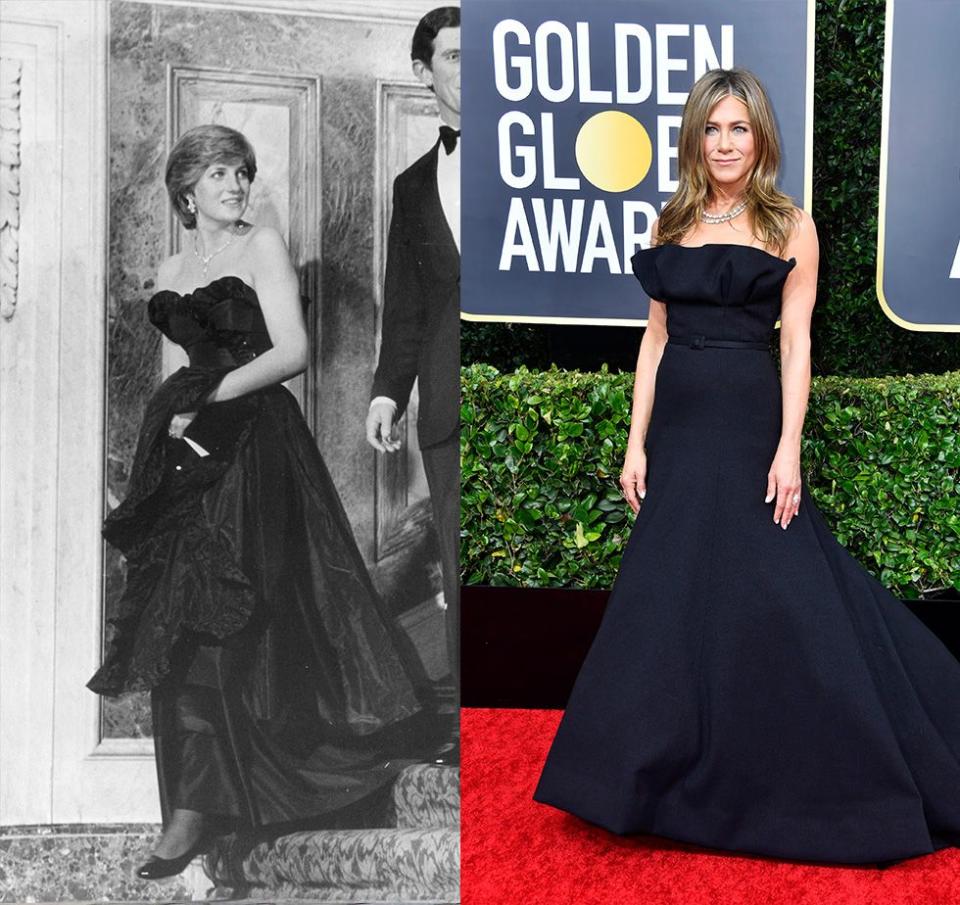 <p>During her first public appearance after getting engaged to Prince Charles in 1981, Diana's David and Elizabeth Emanuel dress made headlines for its revealing décolletage. Jennifer Aniston's Golden Globes gown was designed by Dior, but channels a similar look. </p>