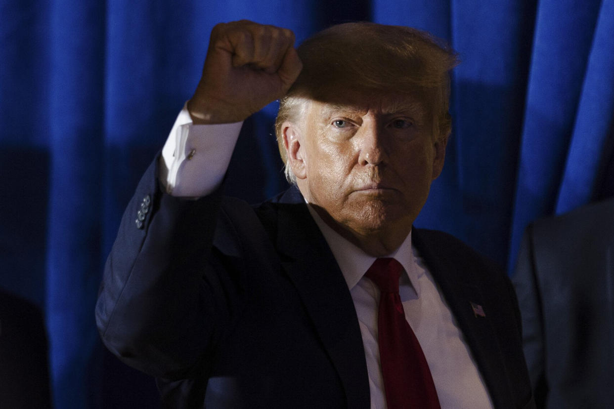 Image: Former President Donald Trump raises his fists at supporters following a rally campaigning for the GOP presidential nomination, in Manchester, N.H. on April 27, 2023. (Sophie Park/The New York Times) (Sophie Park / The New York Times / Redux Pictures)