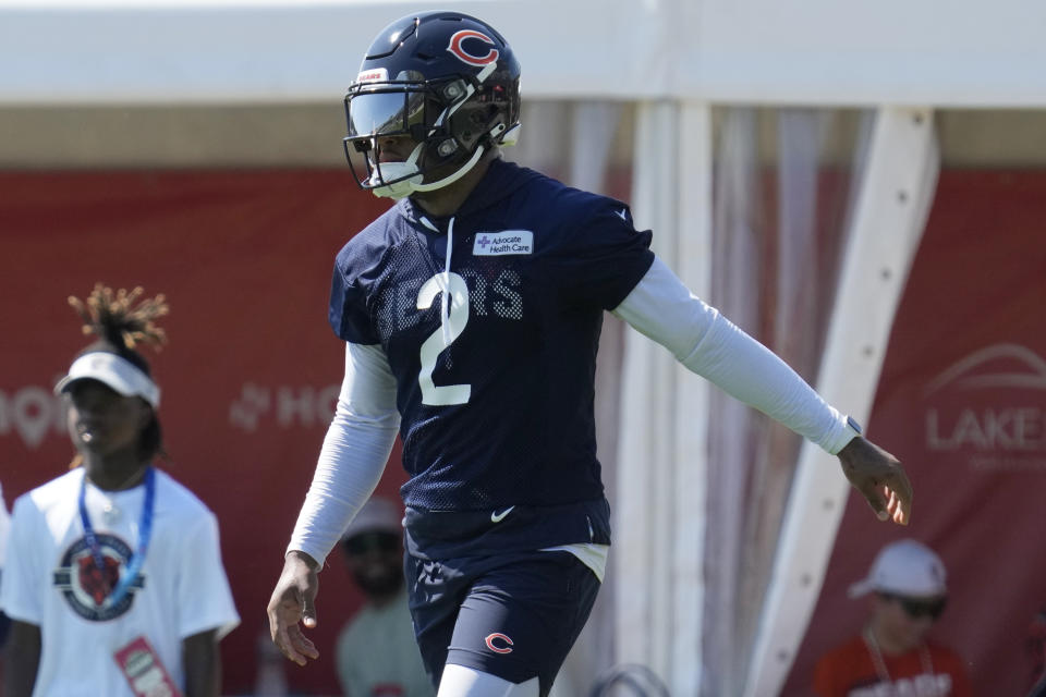 Chicago Bears wide receiver DJ Moore works on the field at the NFL football team’s training camp in Lake Forest, Ill., Thursday, July 27, 2023. (AP Photo/Nam Y. Huh) ORG XMIT: ILNH121