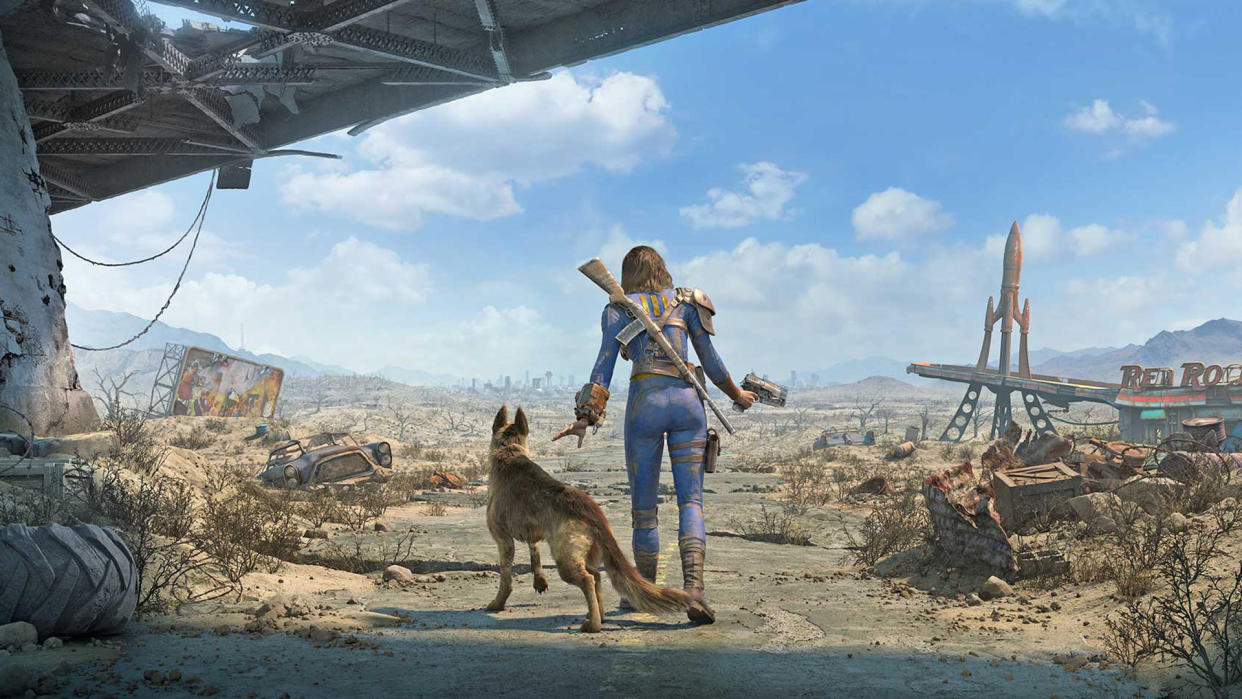  Fallout 4's protagonist and her companion Dogmeat venture out into post-apocalyptic Boston. 