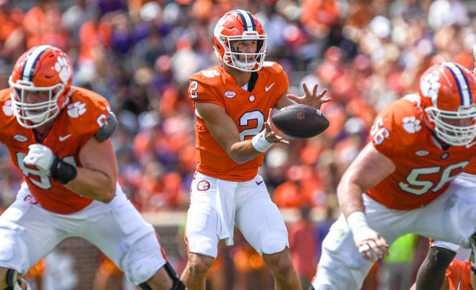 Sep 9, 2023; Clemson, South Carolina, USA; Clemson quarterback Cade Klubnik (2) takes a snap during the first quarter of the game with Charleston Southern at Memorial Stadium. Mandatory Credit: Ken Ruinard-USA TODAY Sports