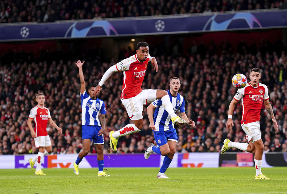 Arsenal's Gabriel in action during the Champions League round of 16, second leg soccer match between Arsenal and Porto at the Emirates Stadium, London, Tuesday March 12, 2024. (Zac Goodwin/PA via AP)