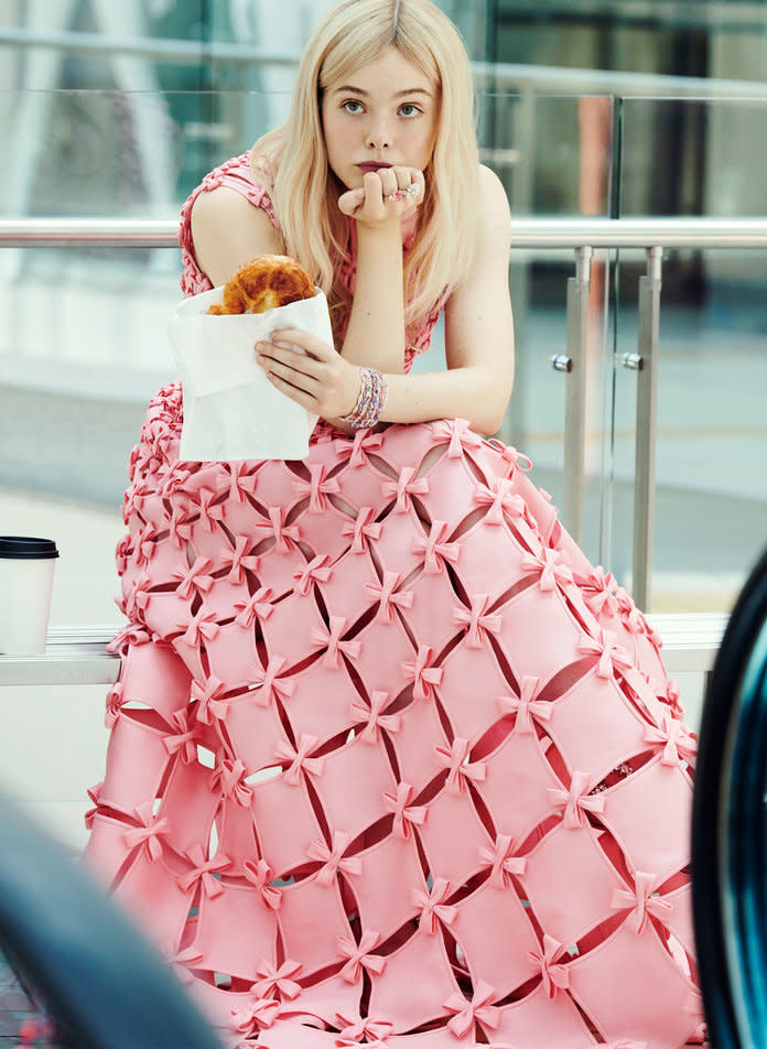 Fanning in Valentino Haute Couture dress. Chopard bracelet and rings. Photographed by Pamela Hanson/LGA Management.