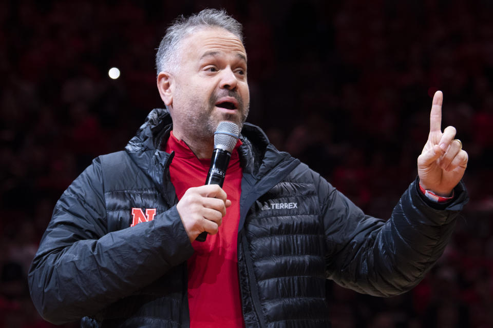 Nebraska's head football coach Matt Rhule speaks to fans at halftime during an NCAA college basketball game between Purdue and Nebraska, Saturday, Dec. 10, 2022, at Pinnacle Bank Arena in Lincoln, Neb. (Kenneth Ferriera/Lincoln Journal Star via AP)