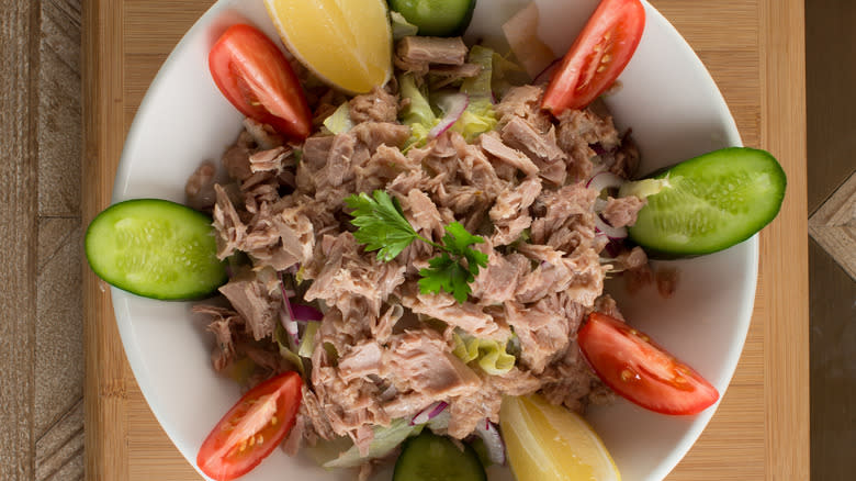 Topdown bowl of tuna salad