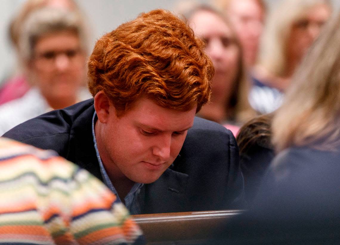 Buster Murdaugh listens to testimony as autopsy photos of his mother Maggie Murdaugh and brother Paul Murdaugh are discussed at the Colleton County Courthouse in Walterboro, Monday, Feb. 13, 2023. Grace Beahm Alford/The Post and Courier/Pool