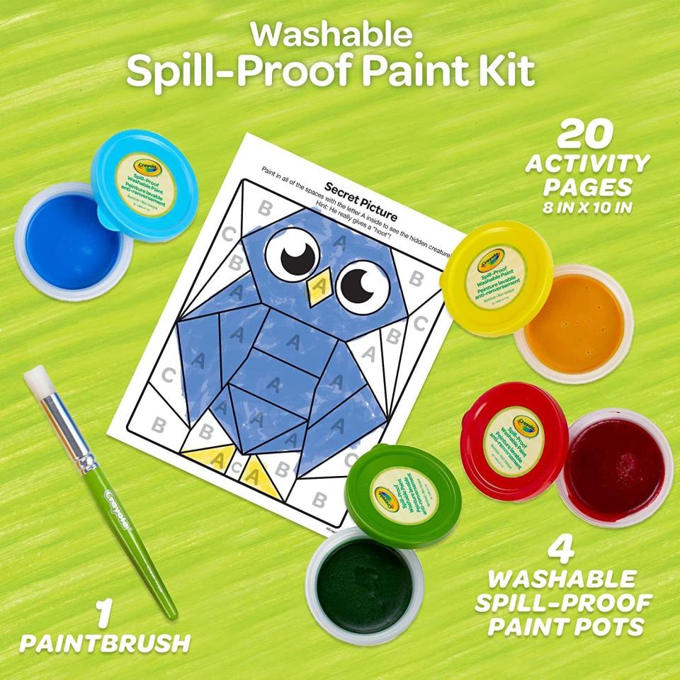 This semi-solid paint set won’t drip or spill and washes cleanly from skin and clothes. It comes with a paintbrush and 20 activity pages, though you can use the paints on any type of paper. Promising review: 