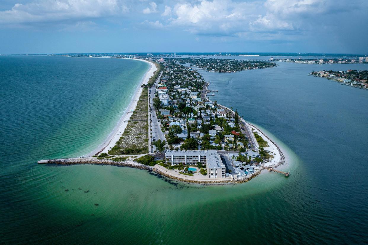 An aerial view of St. Pete Beach as Hurricane Ian approaches Florida on Sept. 26, 2022. The city of Tampa is under a hurricane watch and Governor Ron DeSantis declared a state of emergency in all 67 counties as officials scrambled to prepare for the storm's forecast landing on late Wednesday or Thursday.
Ian "will bring heavy rains, strong winds, flash flooding, storm surge, along with isolated tornado activity along Florida's Gulf Coast," DeSantis said at a press conference in Tallahassee on Monday.