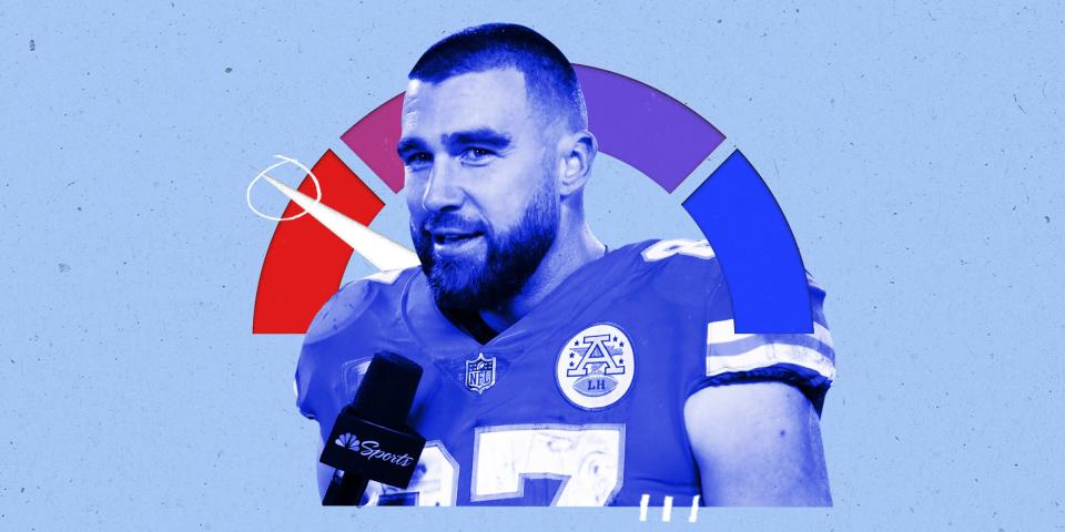 Photo collage featuring Travis Kelce, the tight end for the Kansas City Chiefs (87), along with a credit score range icon with an arrow on red.