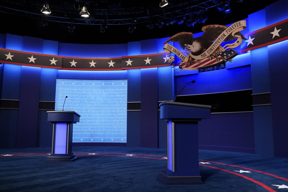 FILE - The debate stage is set ahead of the start of the second and final presidential debate Oct. 22, 2020, at Belmont University in Nashville, Tenn. With the fall campaign rapidly approaching, the time-honored tradition of debates as a forum for voters to evaluate candidates may be the latest casualty of the nation’s polarized political climate. (AP Photo/Patrick Semansky, File)