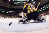 In this photo taken with a fish eye lens, Boston Bruins goalie Tuukka Rask can't stop a goal by Detroit Red Wings' Pavel Datsyuk's during the third period of Detroit's 1-0 win in Game 1 of a first-round NHL playoff hockey series, in Boston on Friday, April 18, 2014. (AP Photo/Winslow Townson)