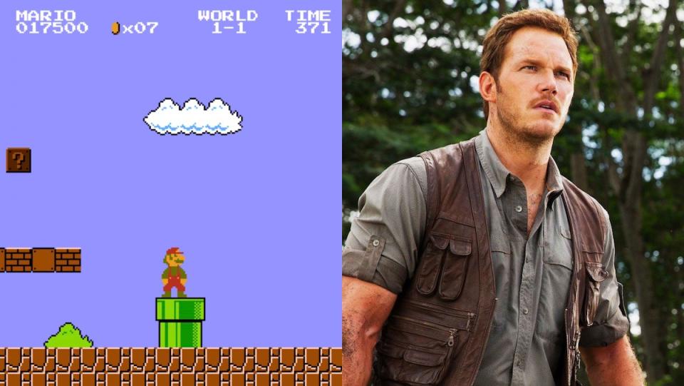 Split screen of a shot from level one of Mario Bros. and Chris Pratt in Jurassic World