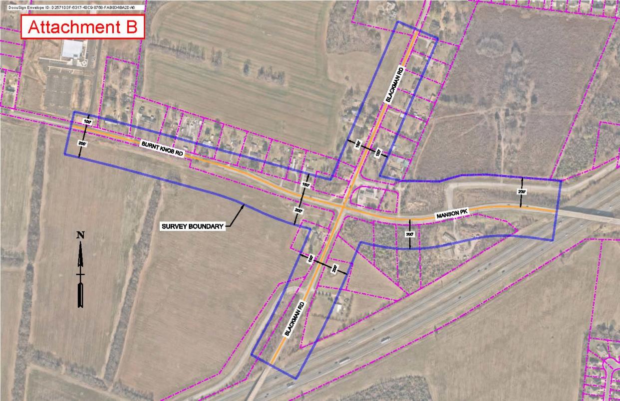 This concept plan map shows where Murfreesboro plans to add a traffic light and road improvements at the intersection of Blackman Road and Mason Pike/Burnt Knob Road.