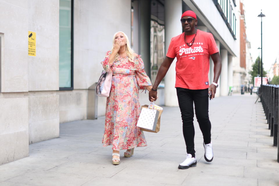 Vanessa Feltz and Ben Ofoedu leave Wogan House in London after bidding a final farewell to Radio 2 as she finished covering Jeremy Vine's slot on the network for two weeks. Feltz, will present a three-hour drivetime show on TalkTV from Monday September 5. Picture date: Friday August 26, 2022. (Photo by James Manning/PA Images via Getty Images)