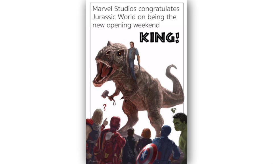 <p>“Marvel Studios congratulates Jurassic World on being the new opening weekend king!” </p>