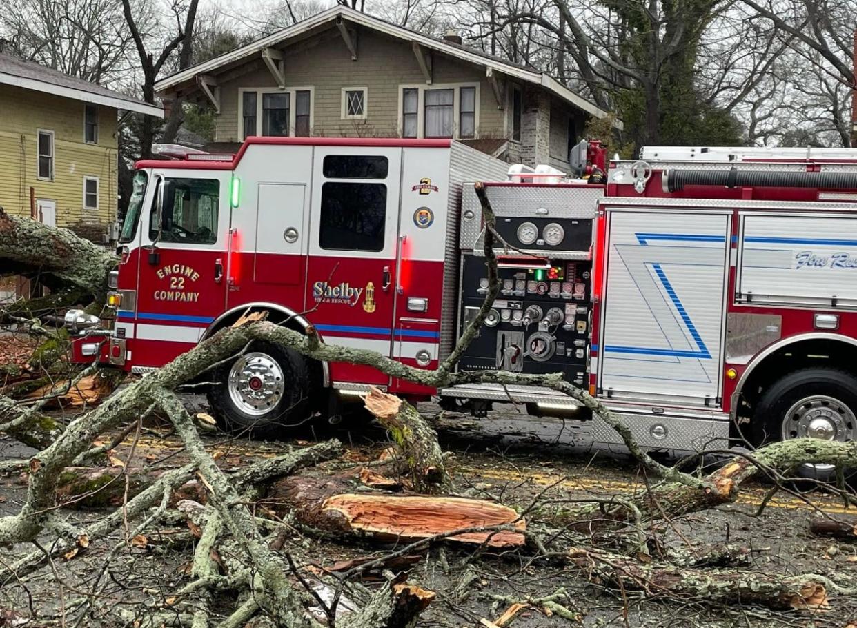 A Shelby Fire & Rescue Truck collided with a fallen tree on Warren Street Tuesday