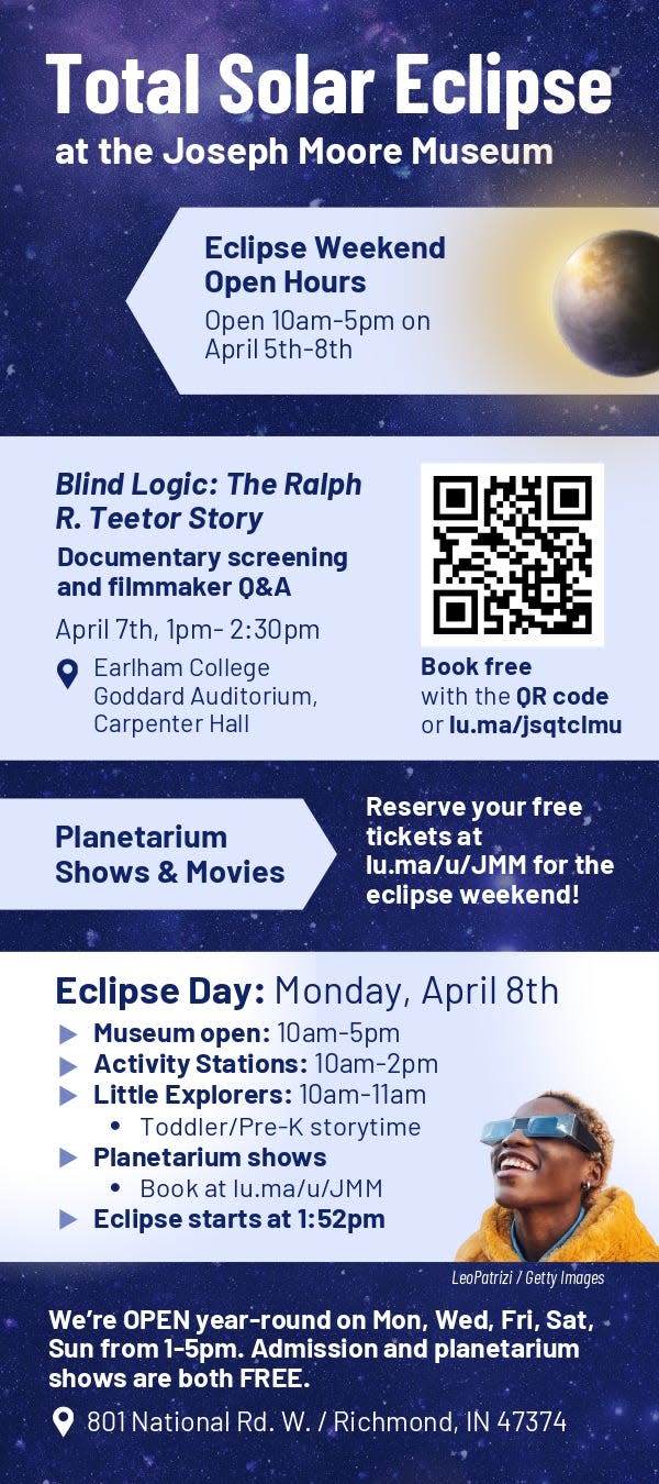 A flyer showing a screening of Ralph R. Teetor's documentary at Goddard Auditorium at Earlham College on Sunday, April 7, 2024.
