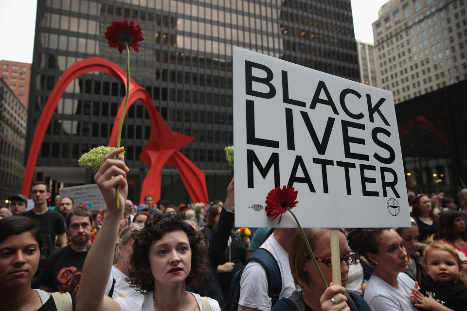 People gather in downtown Chicago on Aug. 13 to protest the alt-right movement.