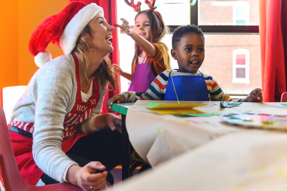 Preschool kids doing homemade decorations for Christmas, Quebec, Canada