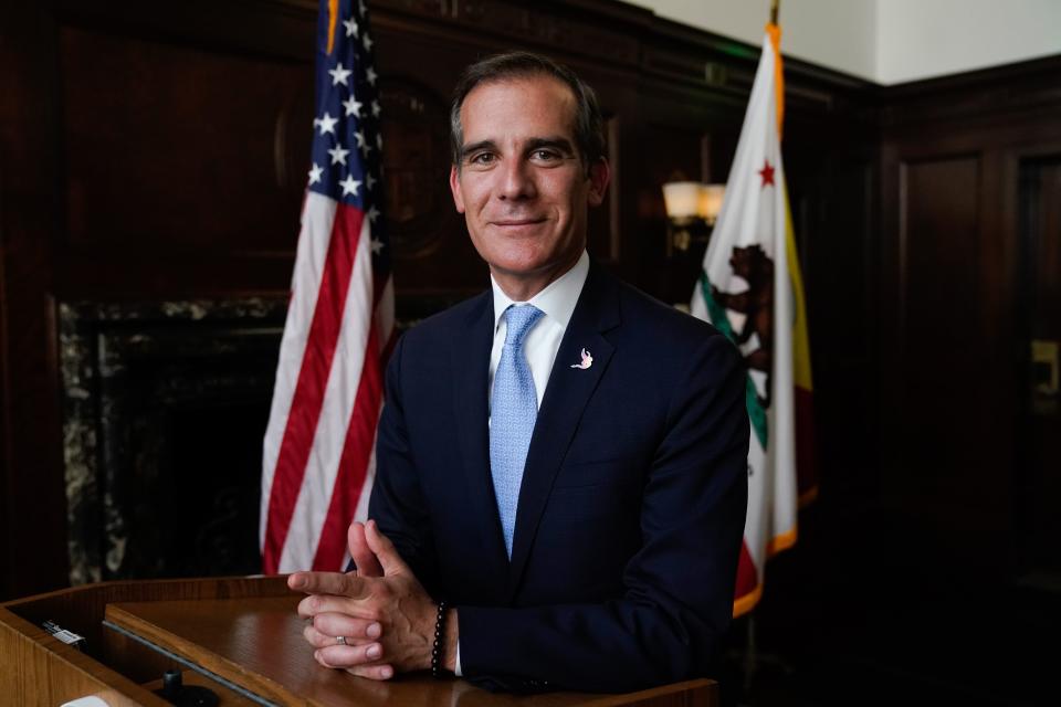 Former Los Angeles Mayor Eric Garcetti poses for a portrait at City Hall on March 27, 2022.