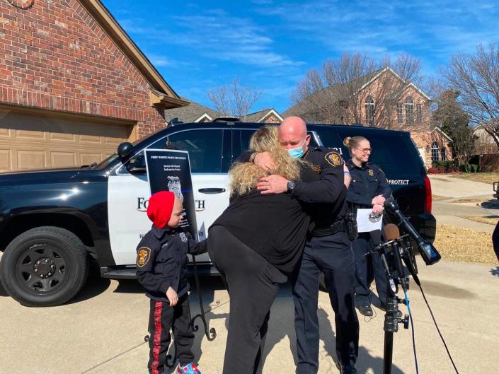 Six-year-old Rylan Pruitt was dressed in blue and black, with his Fort Worth Police Department uniform shirt that was decorated with the police department&#x002019;s badges and his last name near a front pocket. He wore blue and red Spider-Man shoes Wednesday morning as he was sworn in as an honorary police officer.