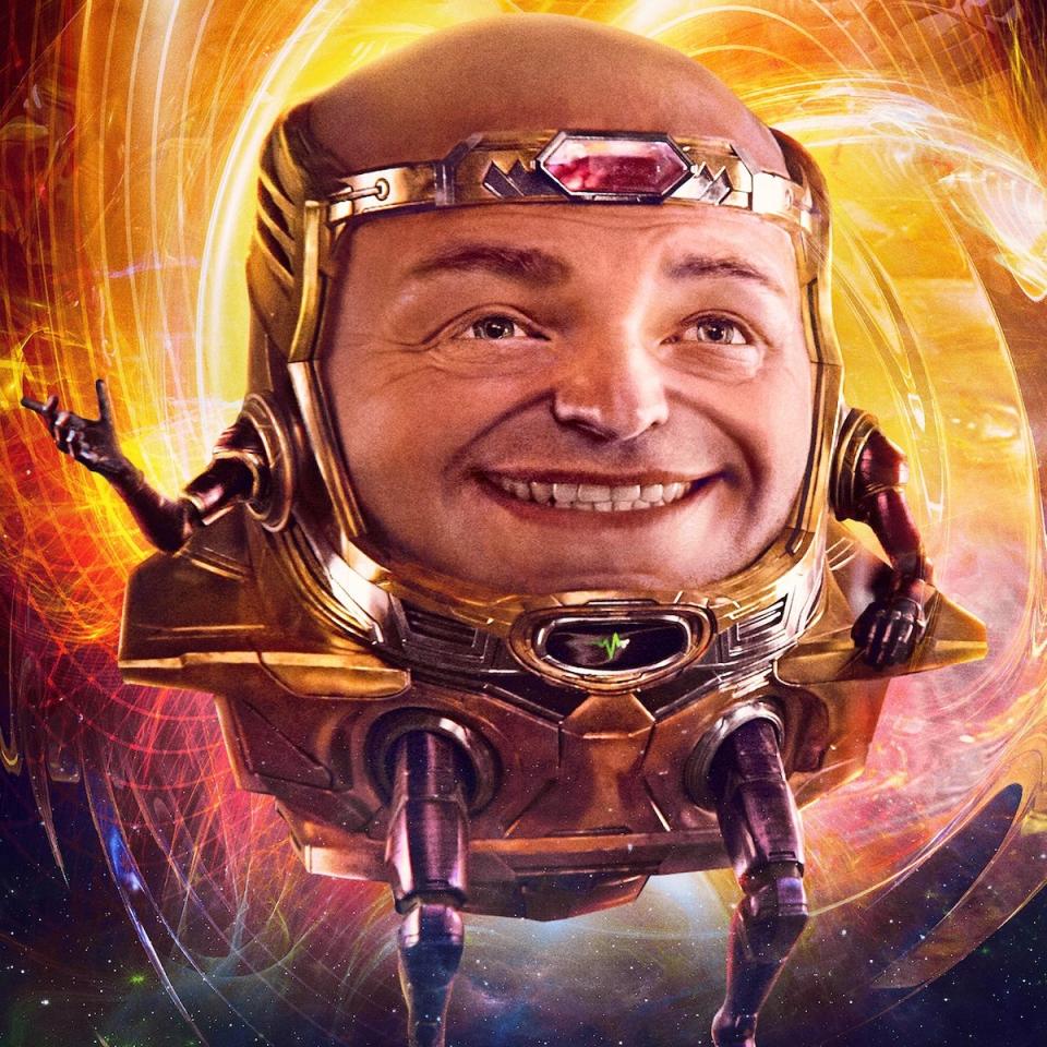 A character poster of Corey Stoll's M.O.D.O.K. with his face showing in Ant-Man and The Wasp: Quantumania