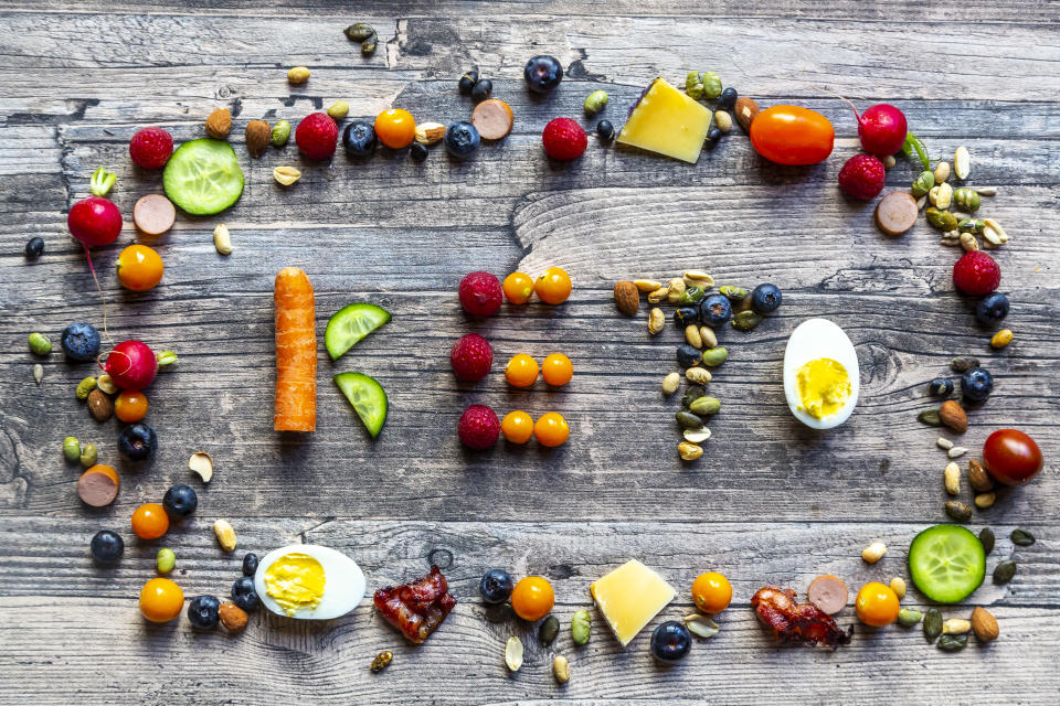 vegetables and eggs spelling the word 