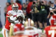 MIAMI, FLORIDA - FEBRUARY 02: Fred Warner #54 of the San Francisco 49ers intercepts a pass from Patrick Mahomes #15 of the Kansas City Chiefs (not pictured) during the third quarter in Super Bowl LIV at Hard Rock Stadium on February 02, 2020 in Miami, Florida. (Photo by Al Bello/Getty Images)