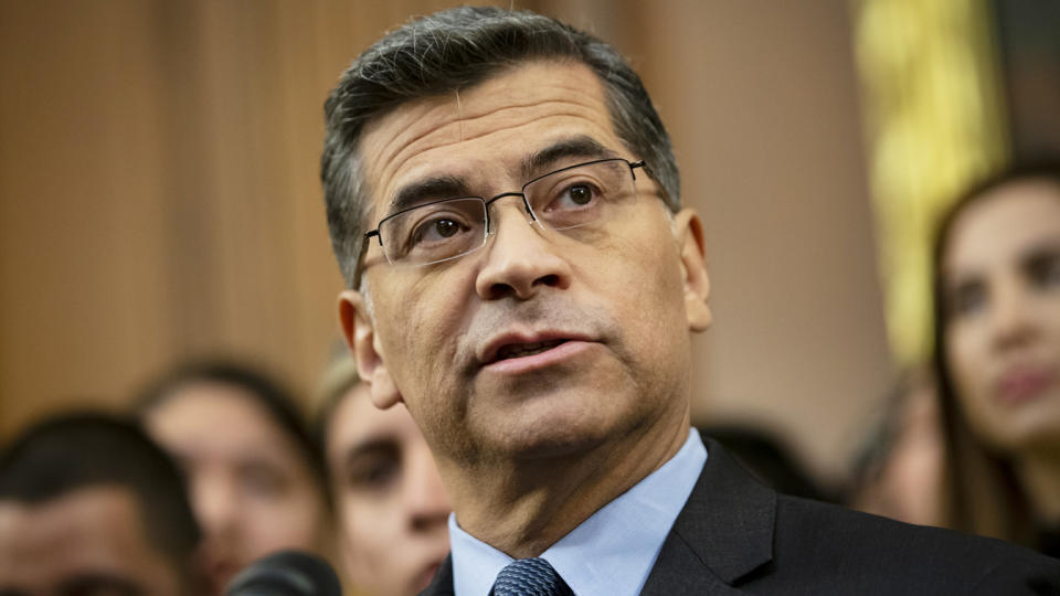 Xavier Becerra, California's attorney general, speaks during a news conference on Capitol Hill in Washington, D.C., U.S., on Tuesday, Nov. 12, 2019. (Al Drago/Bloomberg via Getty Images)