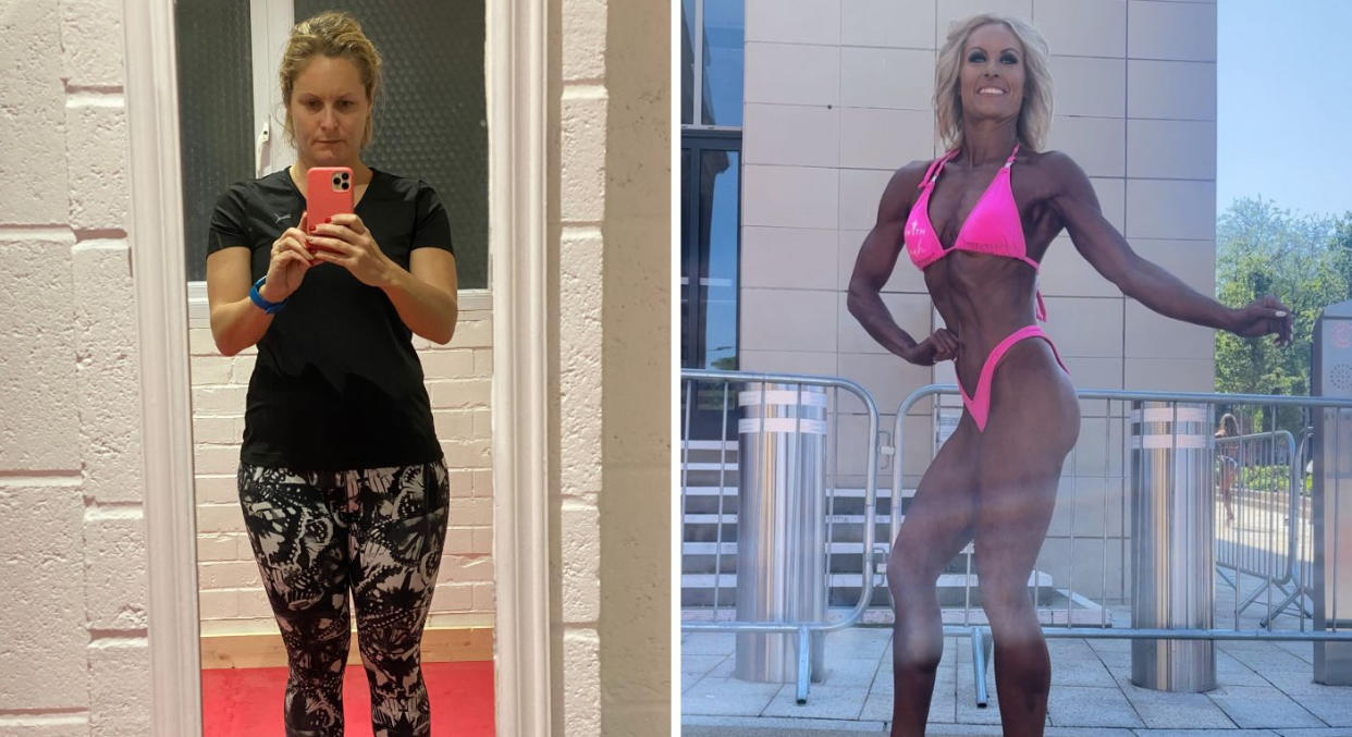 Ellen Manning, pictured left in January 2020 when she first started training and right, in May 2024, on the day of her first bodybuilding competition. (Supplied)