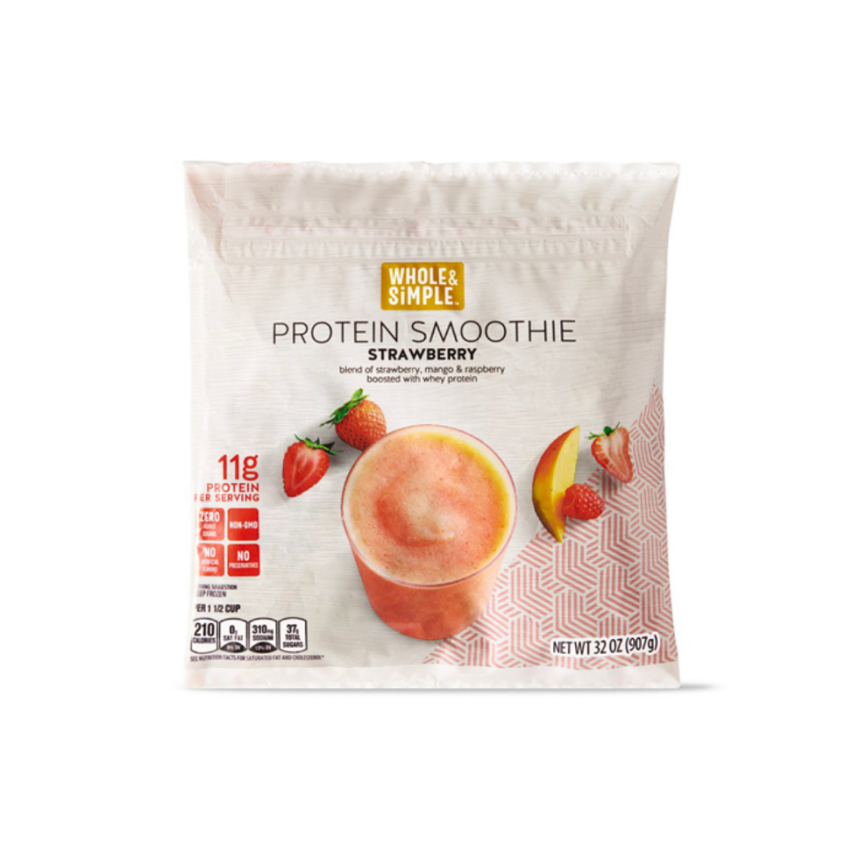 white bag of smoothie ingredients with pink smoothie on the logo