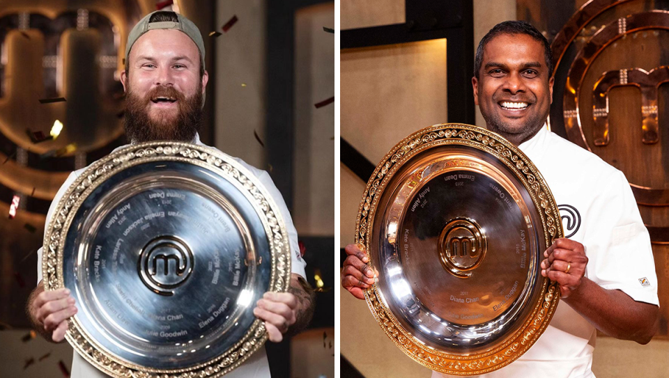 MasterChef’s Brent Draper holding the MasterChef trophy / Sashi Cheliah holding the MasterChef trophy.