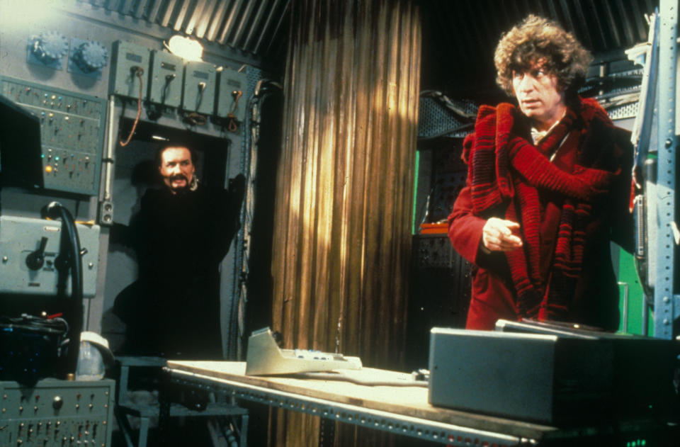 A still from Doctor Who shows The Master - played by Anthony Ainley - and The Doctor - played by Tom Baker. (left, Anthony Ainley). (PA/Alamy)