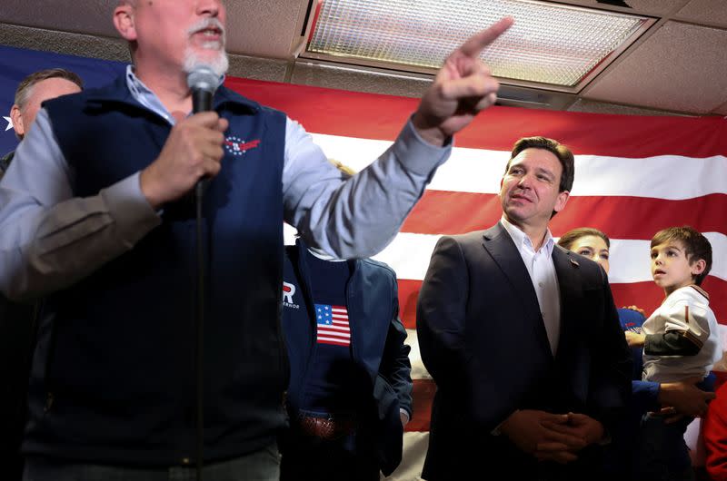 Republican presidential candidate Florida Governor Ron DeSantis attends a campaign event in West Des Moines