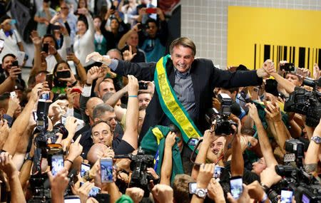 FILE PHOTO: Federal deputy Jair Bolsonaro, a pre-candidate for Brazil's presidential election, is greeted by supporters as he arrives at Afonso Pena airport in Curitiba, Brazil March 28, 2018. REUTERS/Rodolfo Buhrer/File photo
