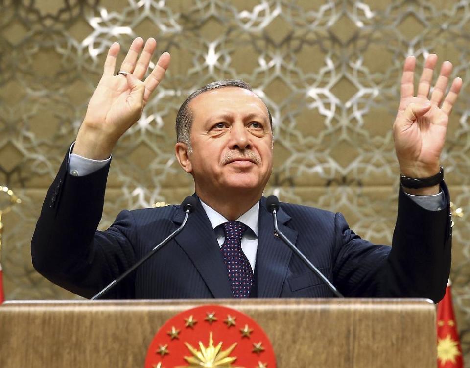 Turkey's President Recep Tayyip Erdogan speaks during a meeting with local media representatives, in Ankara, Turkey, Wednesday, March 22, 2017. Tensions between Turkey and Europe have boiled in recent weeks, but acrimony over Turkey's belief that some European countries are harboring suspected terrorists has festered for years. Erdogan criticized Germany Wednesday for allowing a weekend rally of Kurds, some of whom expressed support for a jailed rebel leader in Turkey.(Kayhan Ozer/Presidential Press Service, Pool Photo via AP)