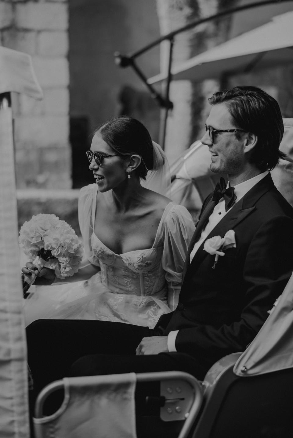 The Bride Wore Feathers for Her Civil Ceremony in London, and a Dress Embroidered With Peonies to Her Micro-Wedding in Portugal