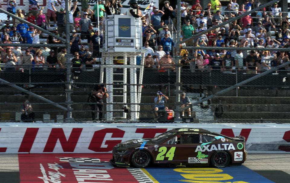 May 14, 2023; Darlington, South Carolina, USA; NASCAR Cup Series driver William Byron (24) wins at Darlington Raceway. Mandatory Credit: David Yeazell-USA TODAY Sports