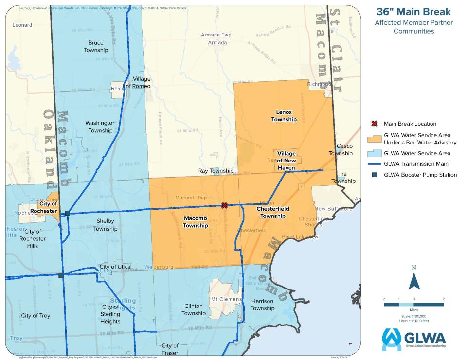 GLWA announced that several Macomb County cities are under a boil water advisory, Tuesday, Aug. 1, 2023, due to a water transmission main leak.