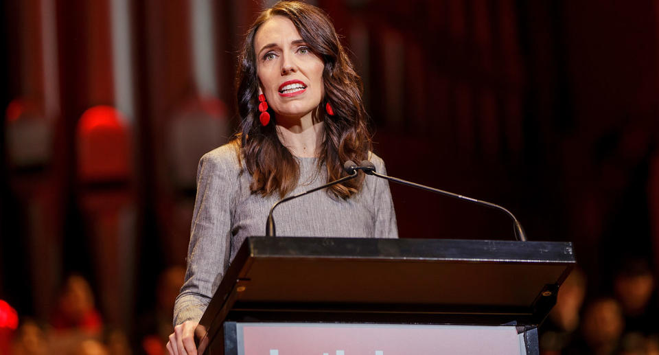 New Zealand Prime Minister Jacinda Ardern speaks during the Labour Party campaign launch in Auckland, New Zealand, Saturday, August 8, 2020. New Zealand's parliament has adjourned ahead of the September 19 election. (AAP Image/David Rowland) NO ARCHIVING